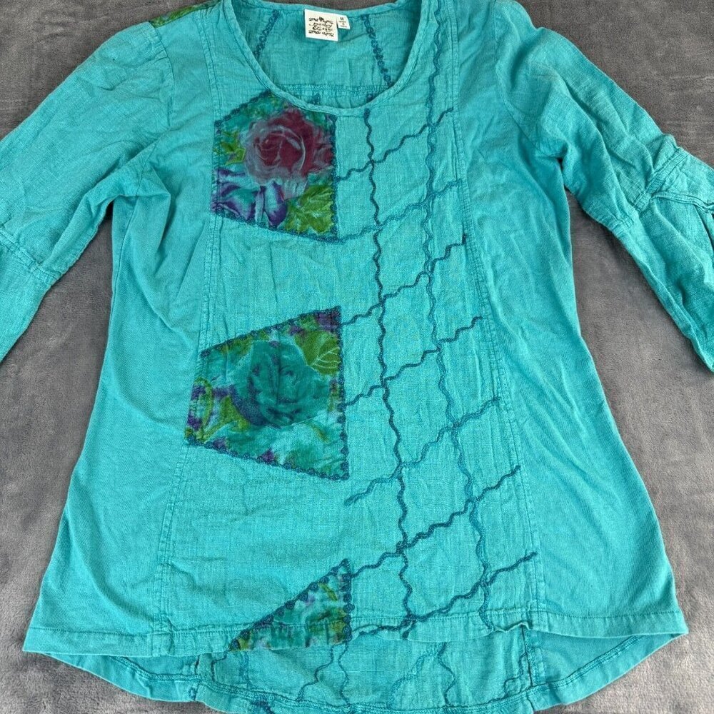 Parsley & Sage Women Top Medium Blue Shirt Roses Floral Embroidered Bell Sleeve - Picture 2 of 10